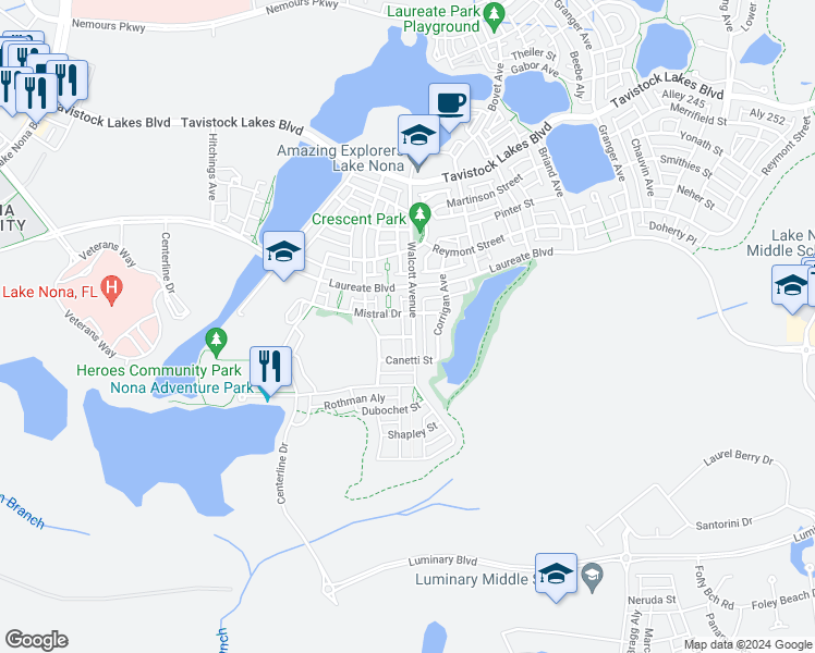 map of restaurants, bars, coffee shops, grocery stores, and more near 14084 Dunant Lane in Orlando