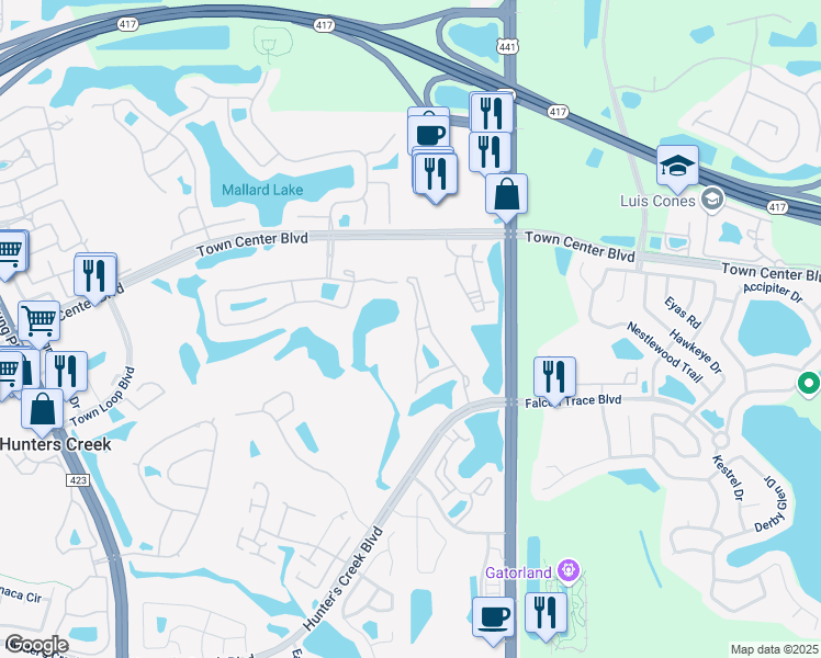 map of restaurants, bars, coffee shops, grocery stores, and more near 13929 Fairway Island Drive in Orlando