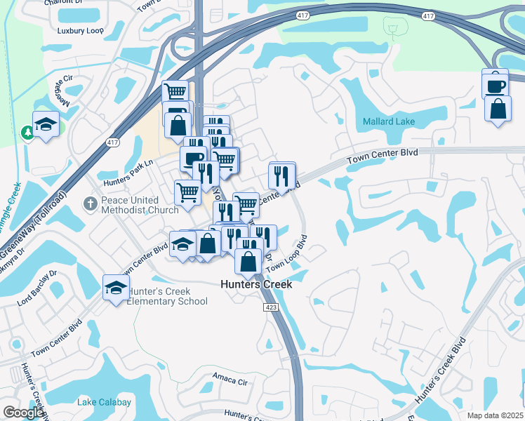 map of restaurants, bars, coffee shops, grocery stores, and more near 3960 Garden Plaza Way in Orlando