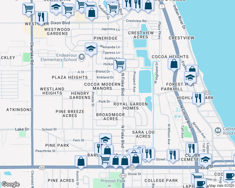 map of restaurants, bars, coffee shops, grocery stores, and more near 1044 West Highland Drive in Cocoa
