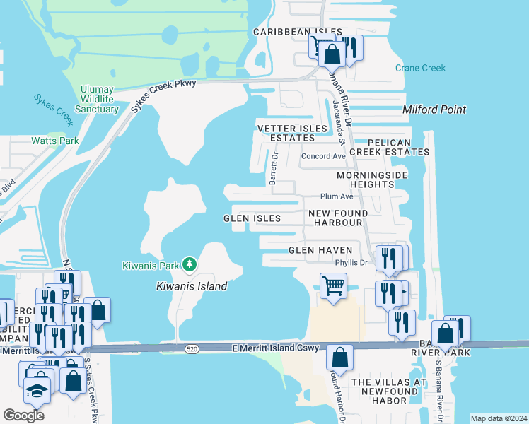 map of restaurants, bars, coffee shops, grocery stores, and more near 1321 Island Drive in Merritt Island