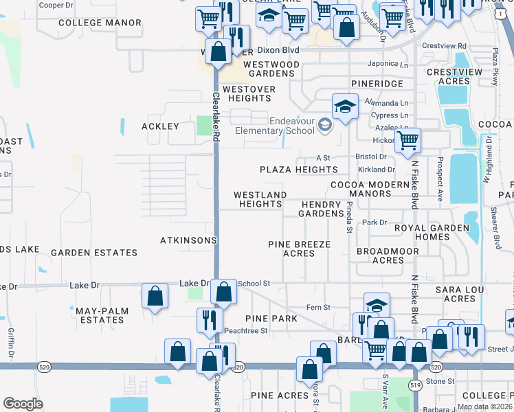 map of restaurants, bars, coffee shops, grocery stores, and more near 1420 Belleview Road in Cocoa