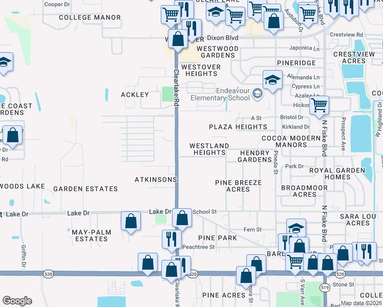 map of restaurants, bars, coffee shops, grocery stores, and more near 722 Clearlake Road in Cocoa
