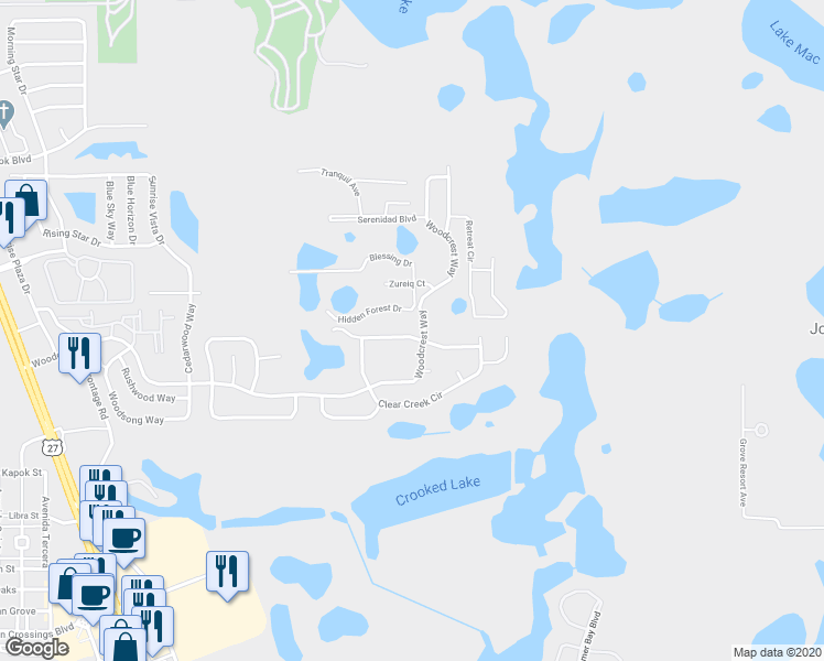 map of restaurants, bars, coffee shops, grocery stores, and more near 17433 Silver Clear Creek Circle in Clermont
