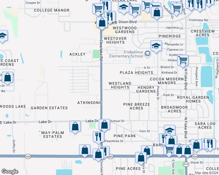 map of restaurants, bars, coffee shops, grocery stores, and more near 722 Clearlake Road in Cocoa