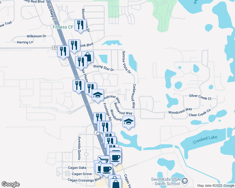 map of restaurants, bars, coffee shops, grocery stores, and more near 16815 Sarahs Place in Clermont