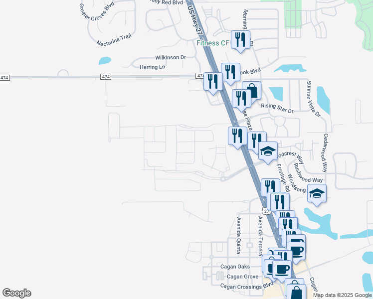 map of restaurants, bars, coffee shops, grocery stores, and more near 1315 US Highway 27 in Clermont