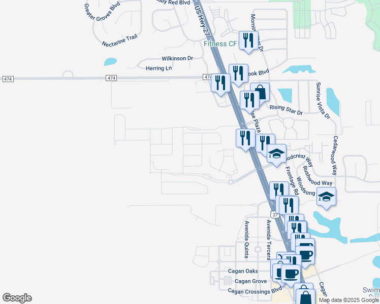 map of restaurants, bars, coffee shops, grocery stores, and more near 1315 US Highway 27 in Clermont