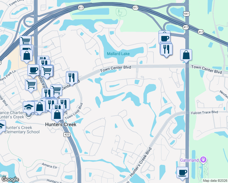 map of restaurants, bars, coffee shops, grocery stores, and more near 2614 Runyon Circle in Orlando