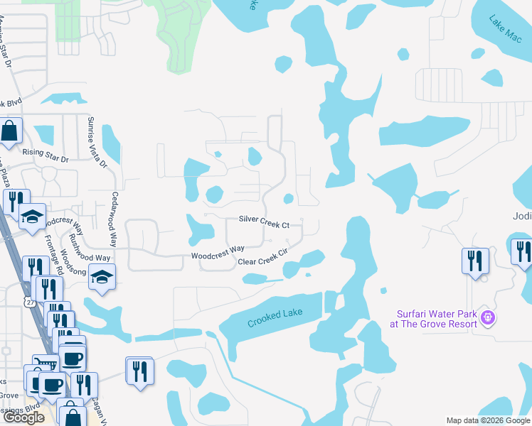 map of restaurants, bars, coffee shops, grocery stores, and more near 17444 Woodcrest Way in Clermont