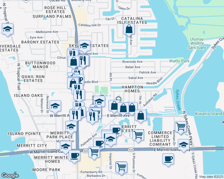 map of restaurants, bars, coffee shops, grocery stores, and more near 250 Alabama Avenue in Merritt Island
