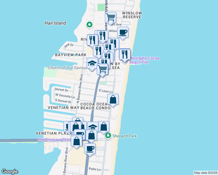 map of restaurants, bars, coffee shops, grocery stores, and more near 134 East Alachua Lane in Cocoa Beach