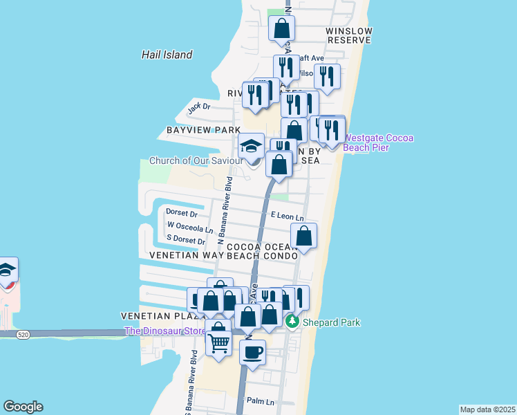 map of restaurants, bars, coffee shops, grocery stores, and more near 105 West Alachua Lane in Cocoa Beach