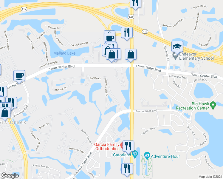 map of restaurants, bars, coffee shops, grocery stores, and more near 13929 Fairway Island Drive in Orlando