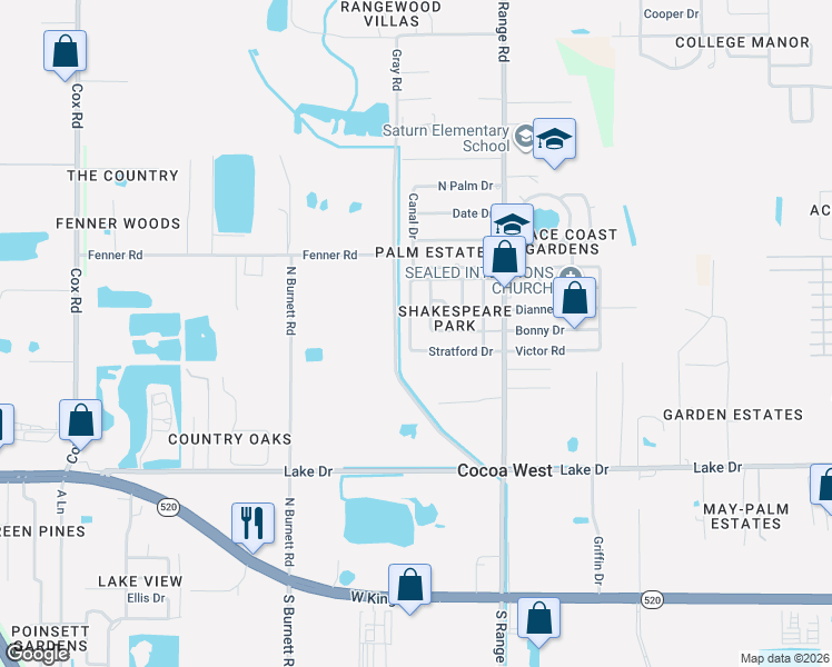 map of restaurants, bars, coffee shops, grocery stores, and more near 2541 Hathaway Drive in Cocoa