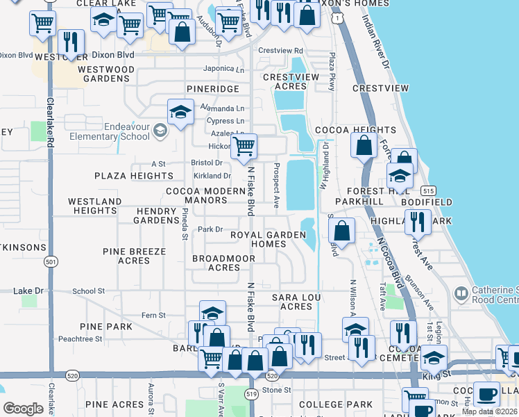 map of restaurants, bars, coffee shops, grocery stores, and more near 907 Avon Place in Cocoa