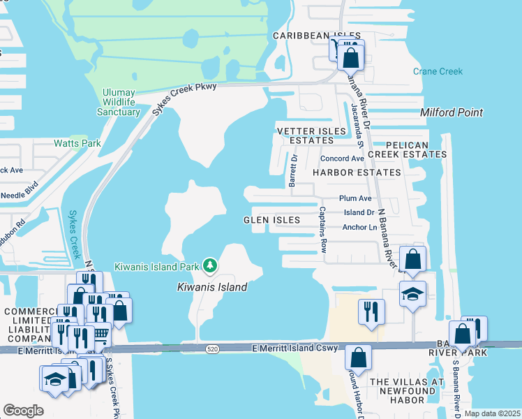 map of restaurants, bars, coffee shops, grocery stores, and more near 1260 Island Drive in Merritt Island