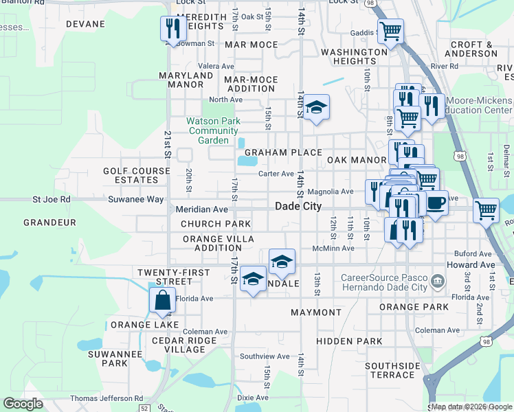 map of restaurants, bars, coffee shops, grocery stores, and more near 37325 State Road 52 in Dade City