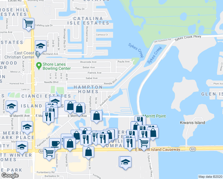 map of restaurants, bars, coffee shops, grocery stores, and more near 500 Alabama Avenue in Merritt Island