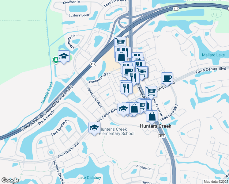 map of restaurants, bars, coffee shops, grocery stores, and more near 12212 Wild Iris Way in Orlando