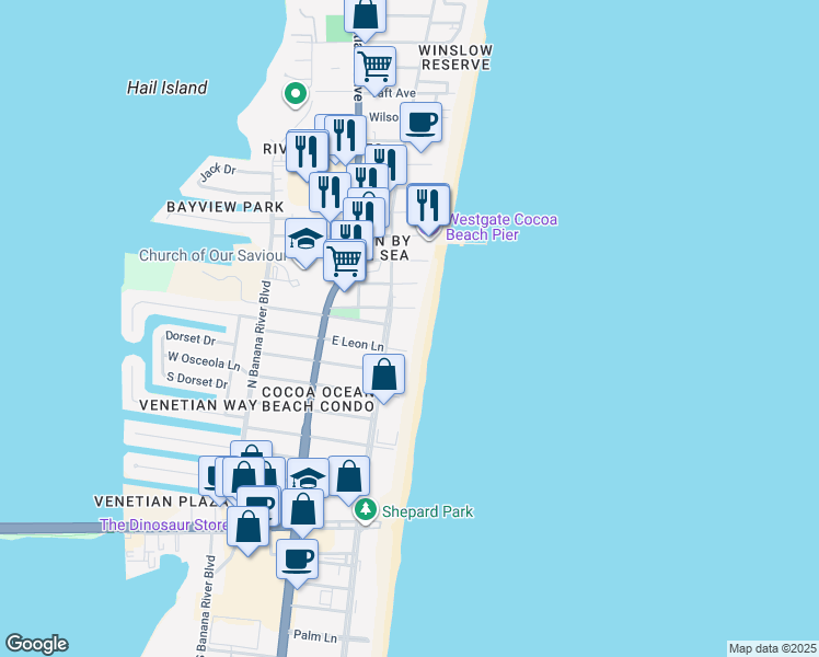 map of restaurants, bars, coffee shops, grocery stores, and more near 5100 Ocean Beach Boulevard in Cocoa Beach