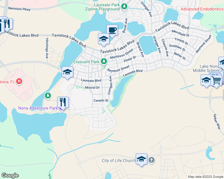 map of restaurants, bars, coffee shops, grocery stores, and more near 14105 Corrigan Avenue in Orlando