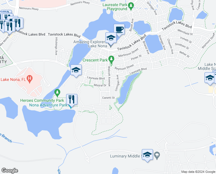 map of restaurants, bars, coffee shops, grocery stores, and more near 14110 Walcott Avenue in Orlando