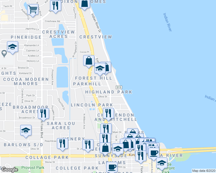 map of restaurants, bars, coffee shops, grocery stores, and more near 807 Forrest Avenue in Cocoa