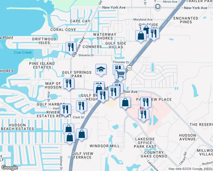 map of restaurants, bars, coffee shops, grocery stores, and more near 7315 Hudson Avenue in Hudson