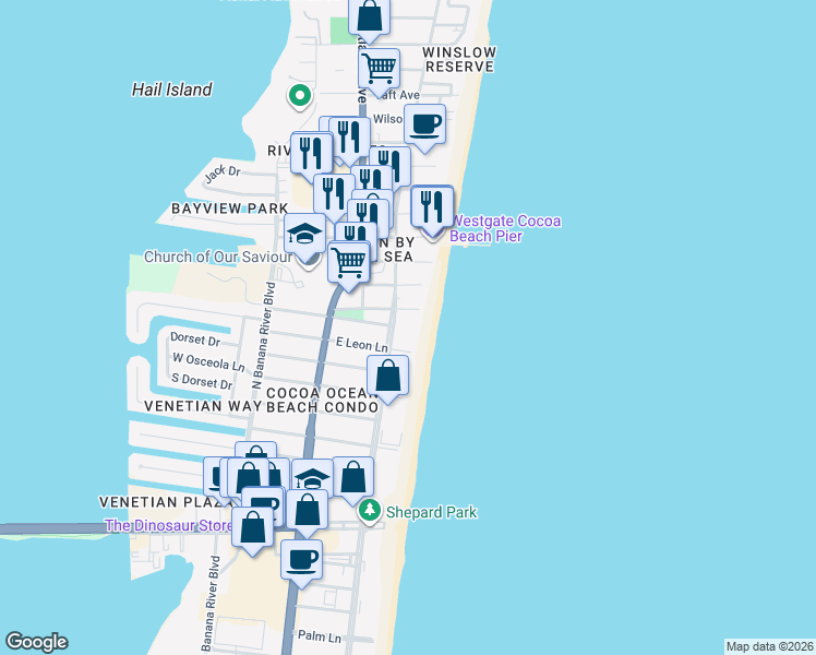 map of restaurants, bars, coffee shops, grocery stores, and more near 5100 Ocean Beach Boulevard in Cocoa Beach