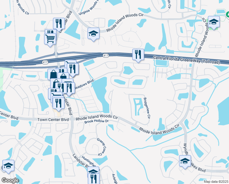 map of restaurants, bars, coffee shops, grocery stores, and more near 2555 Sand Arbor Circle in Orlando