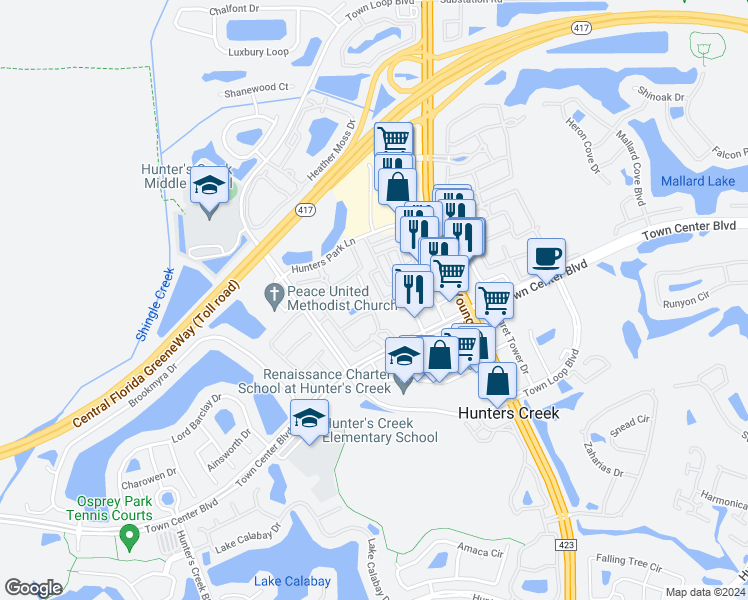 map of restaurants, bars, coffee shops, grocery stores, and more near 13758 Beauregard Place in Orlando