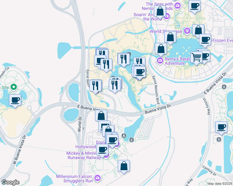 map of restaurants, bars, coffee shops, grocery stores, and more near 1200 Epcot Resorts Boulevard in Lake Buena Vista