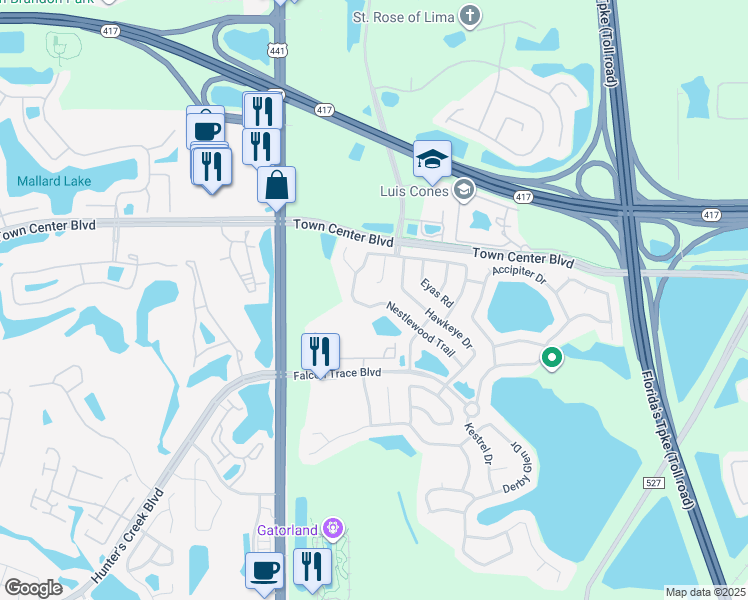 map of restaurants, bars, coffee shops, grocery stores, and more near 1701 Nestlewood Trail in Orlando