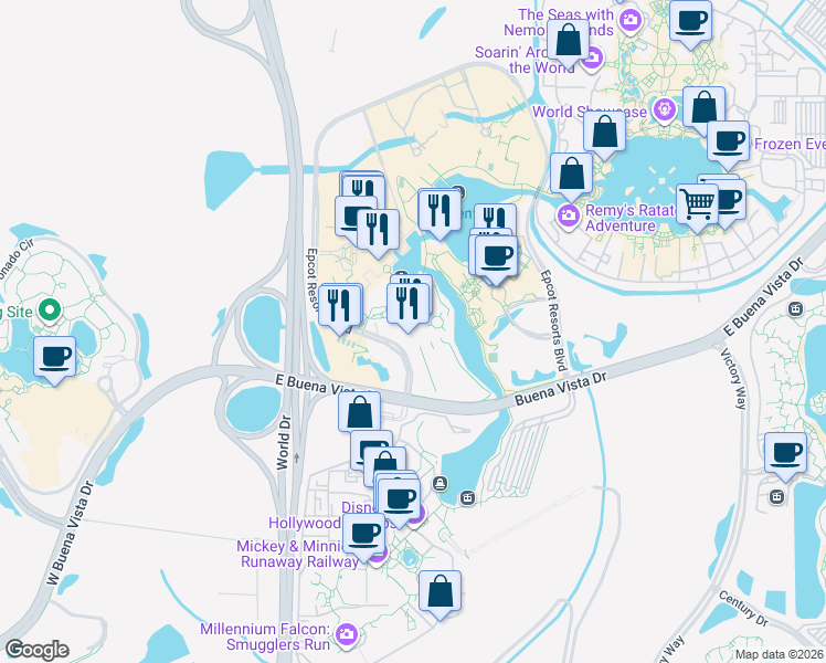 map of restaurants, bars, coffee shops, grocery stores, and more near 1200 Epcot Resorts Boulevard in Kissimmee