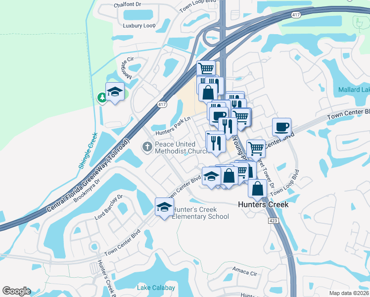 map of restaurants, bars, coffee shops, grocery stores, and more near 12111 Poppy Field Lane in Orlando