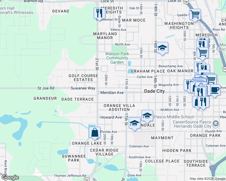 map of restaurants, bars, coffee shops, grocery stores, and more near 37121 Meridian Avenue in Dade City