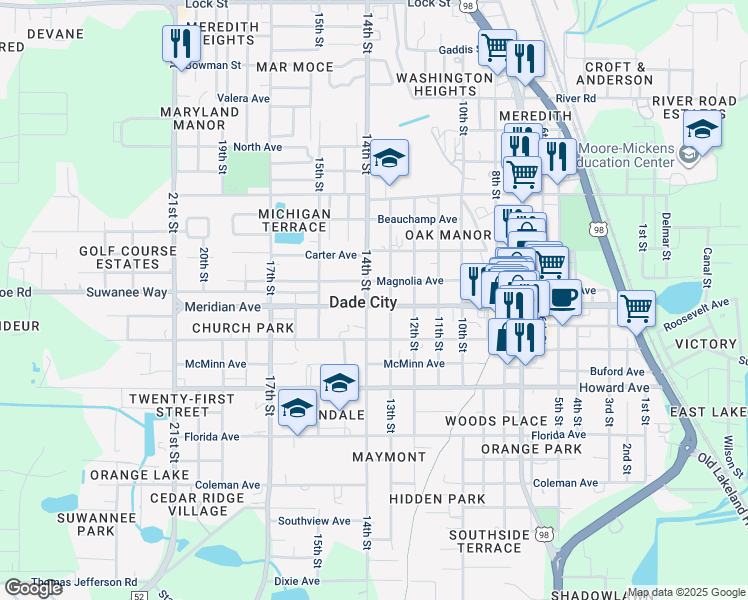 map of restaurants, bars, coffee shops, grocery stores, and more near 37523 Meridian Avenue in Dade City