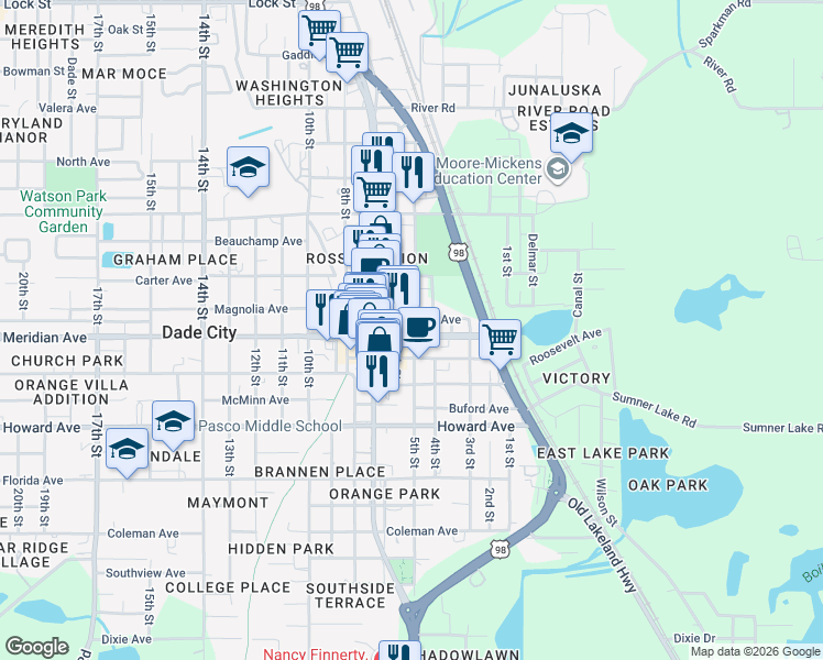 map of restaurants, bars, coffee shops, grocery stores, and more near 37940 Live Oak Avenue in Dade City