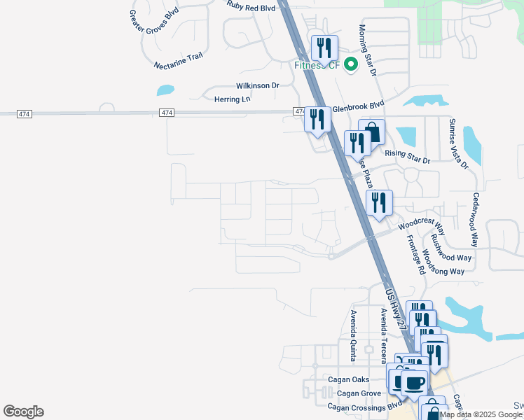 map of restaurants, bars, coffee shops, grocery stores, and more near 1315 US Highway 27 in Clermont