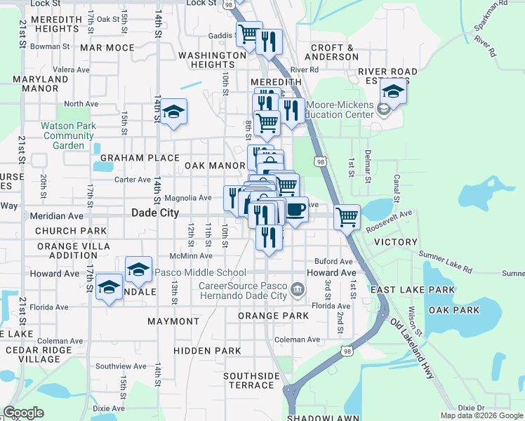 map of restaurants, bars, coffee shops, grocery stores, and more near 37847 Meridian Avenue in Dade City