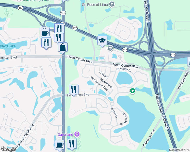 map of restaurants, bars, coffee shops, grocery stores, and more near 13602 Hawkeye Drive in Orlando