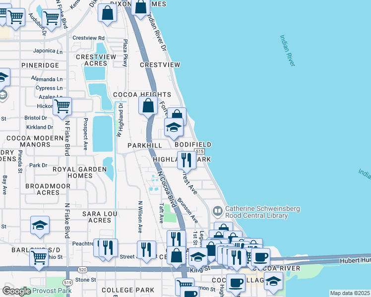 map of restaurants, bars, coffee shops, grocery stores, and more near 807 Forrest Avenue in Cocoa