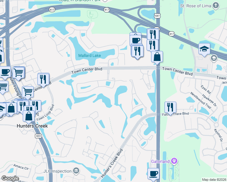 map of restaurants, bars, coffee shops, grocery stores, and more near 2803 Runyon Circle in Orlando