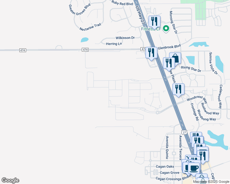 map of restaurants, bars, coffee shops, grocery stores, and more near 1315 U.S. 27 in Clermont