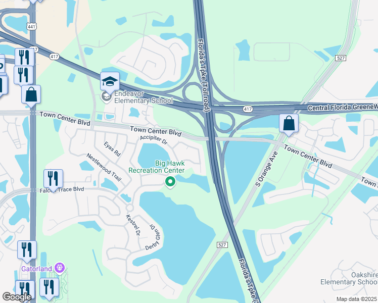 map of restaurants, bars, coffee shops, grocery stores, and more near 1461 Fledgling Court in Orlando