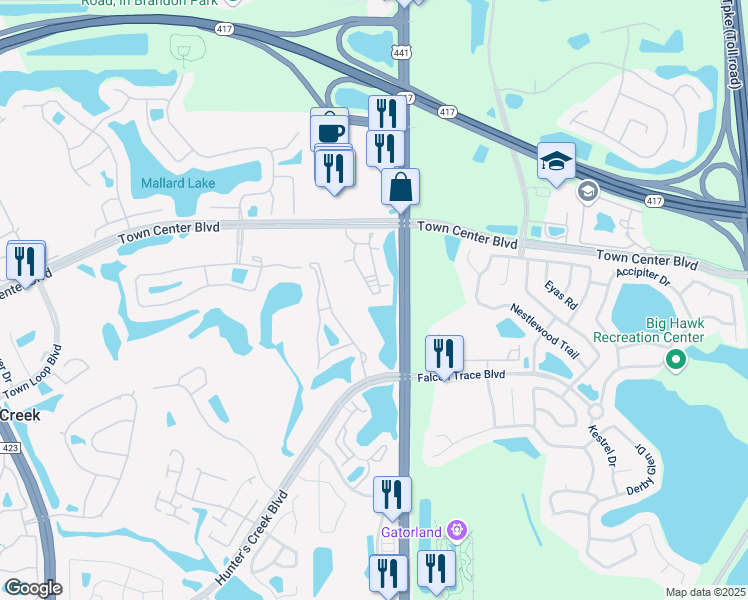 map of restaurants, bars, coffee shops, grocery stores, and more near 13536 Turtle Marsh Loop in Orlando