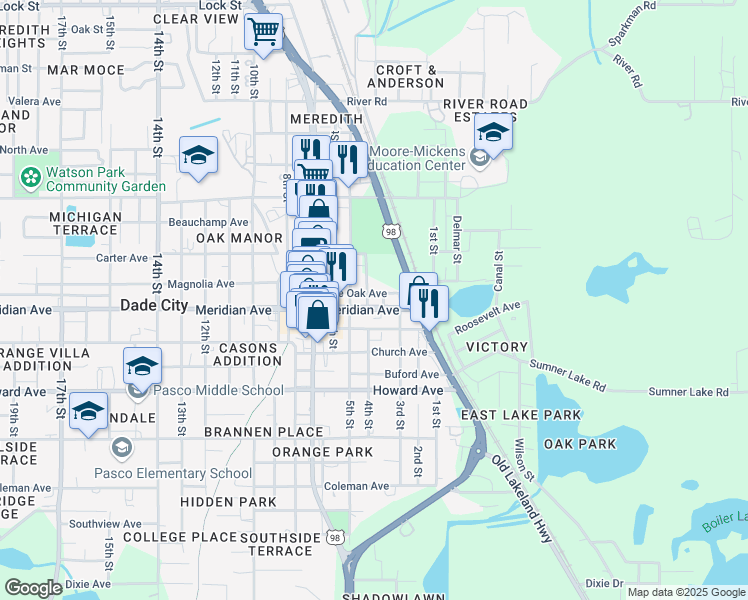 map of restaurants, bars, coffee shops, grocery stores, and more near 38035 Meridian Avenue in Dade City