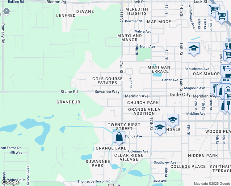 map of restaurants, bars, coffee shops, grocery stores, and more near 36926 Suwanee Way in Dade City