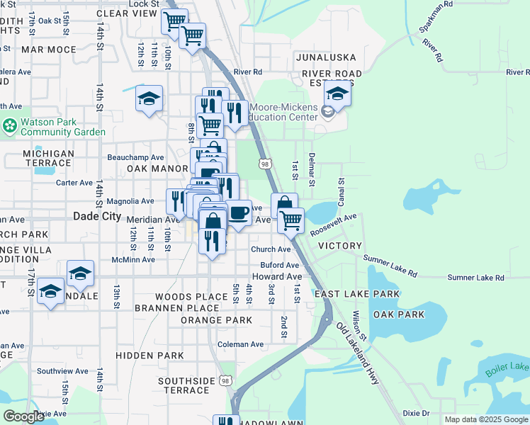 map of restaurants, bars, coffee shops, grocery stores, and more near 38035 Meridian Avenue in Dade City